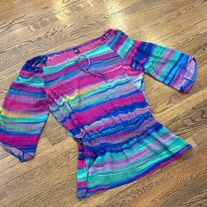 W Swim Colorful Striped Off-Shoulder drop waist sheer cover up, L